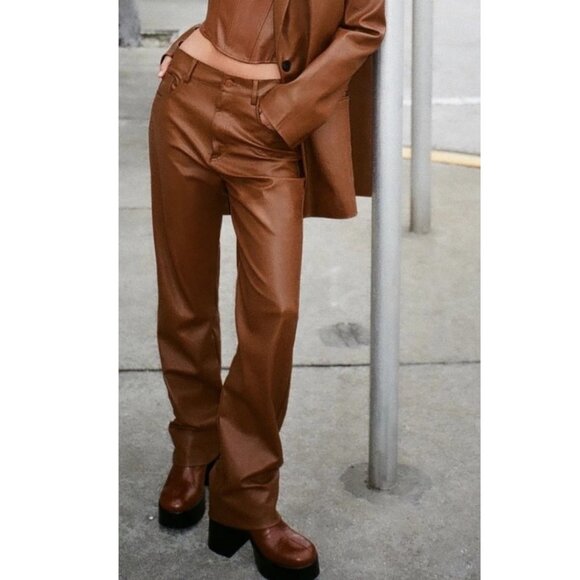 Zara New Woman Full Length Faux Leather Straight Leg Pants Caramel XS - Picture 1 of 5